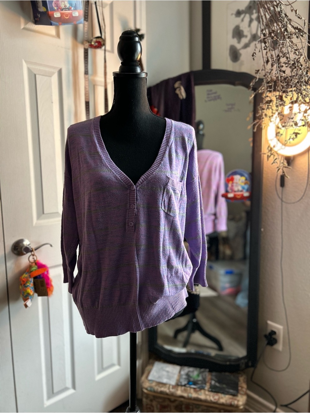 twee pastel purple & green striped half sleeve knit sweater blouse